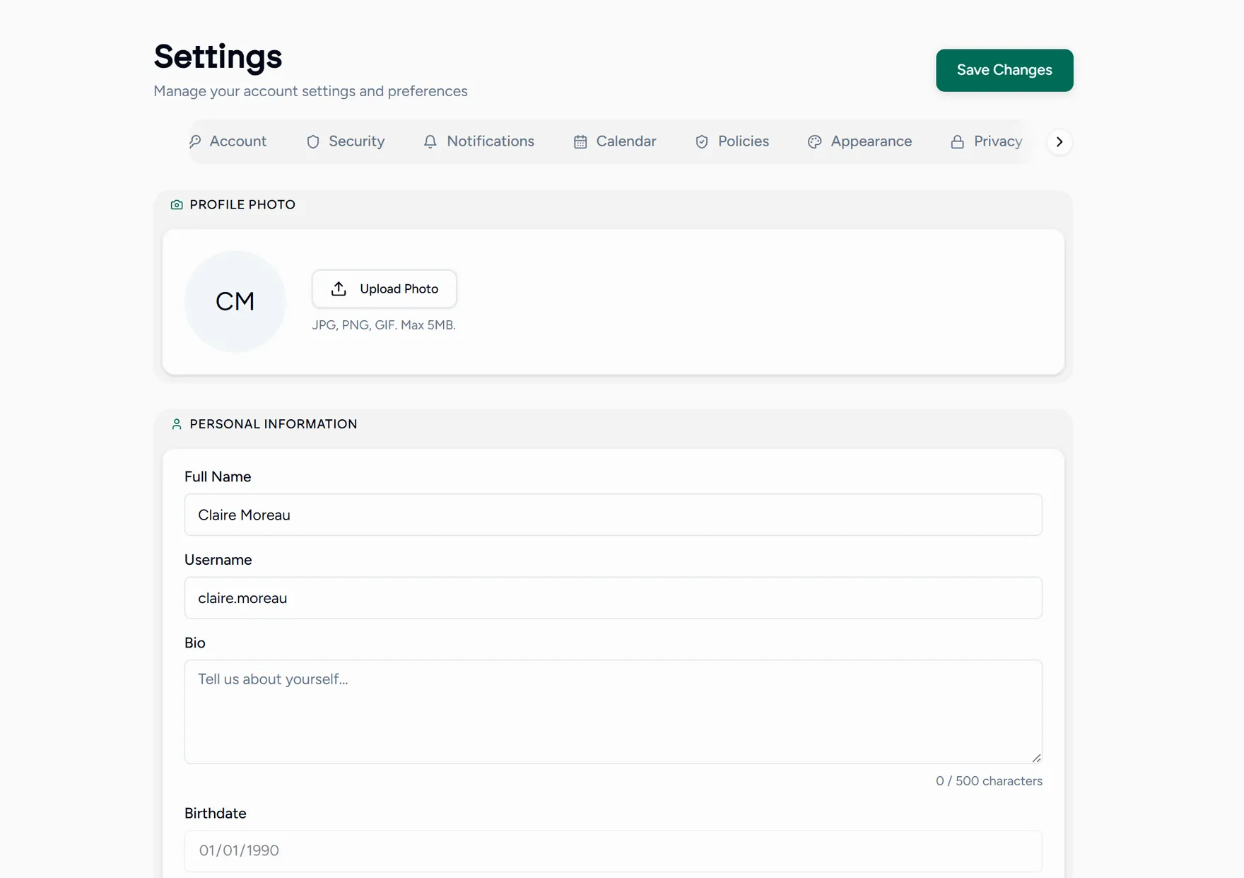 The academy settings screen