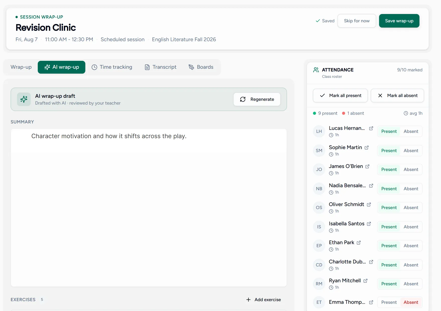 An AI-drafted session summary waiting for review on the wrap-up screen