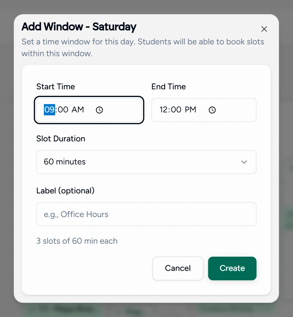 The Add window dialog, setting a recurring weekly availability window