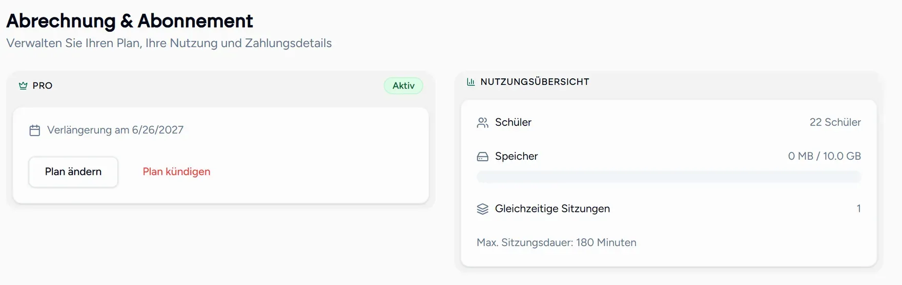 Die Abrechnungsseite mit Tarif und Verbrauch