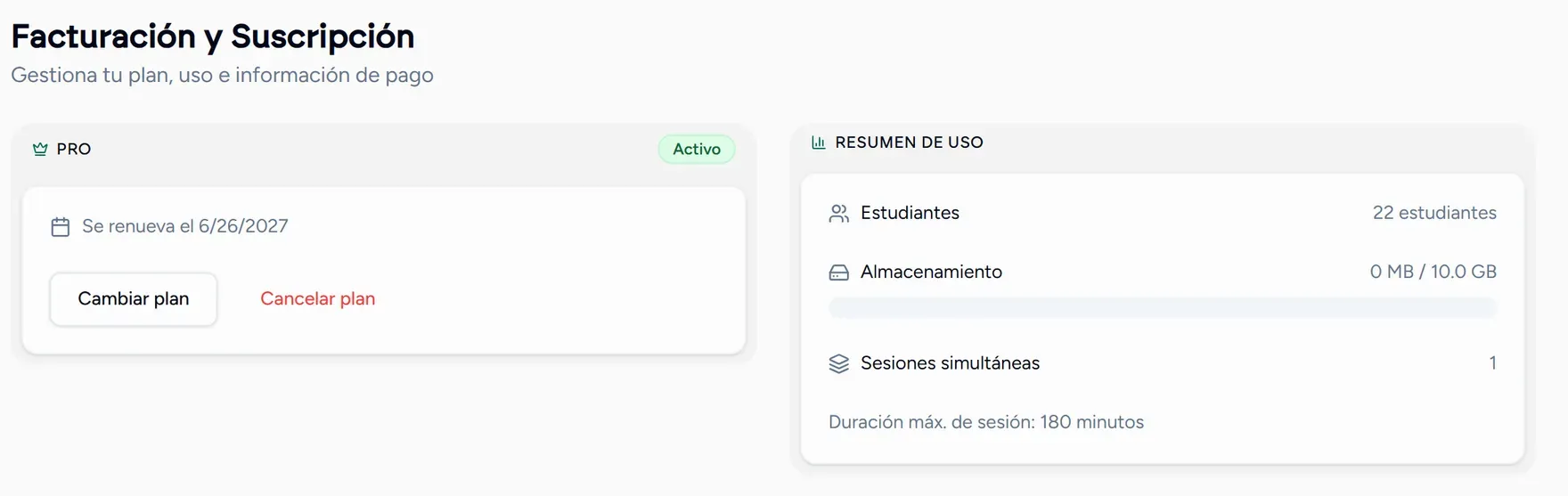 La página de facturación, con el plan y el consumo