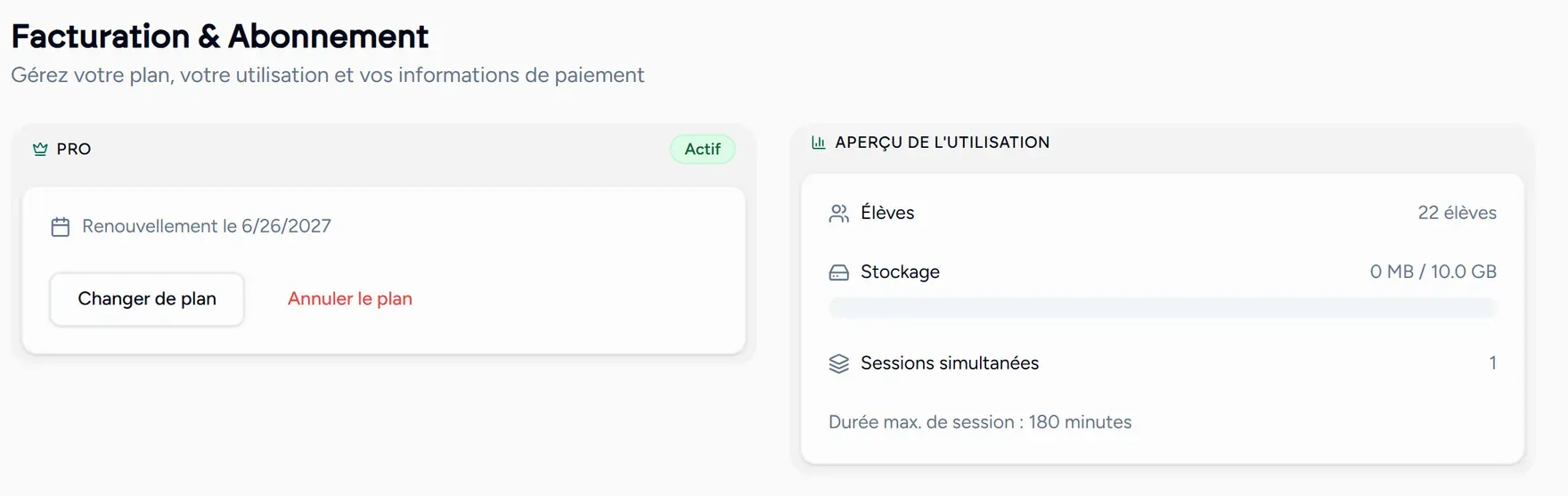 La page de facturation, avec le forfait et la consommation