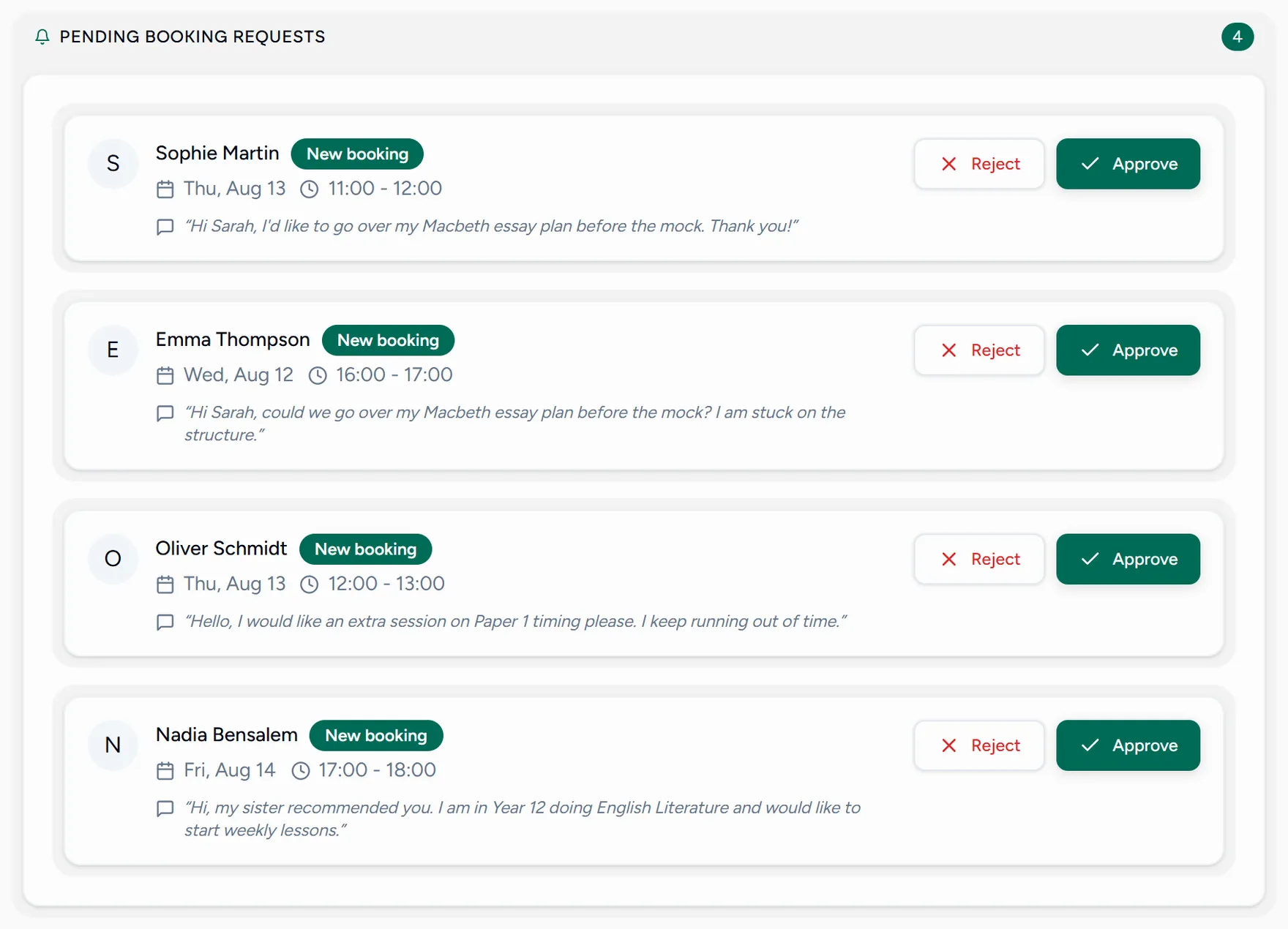 The requests screen, with pending booking requests from students
