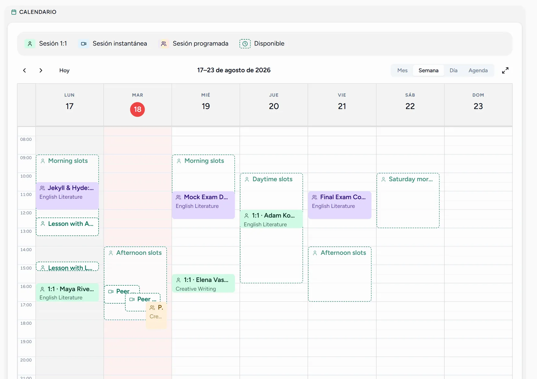 El calendario del profesor en vista semanal