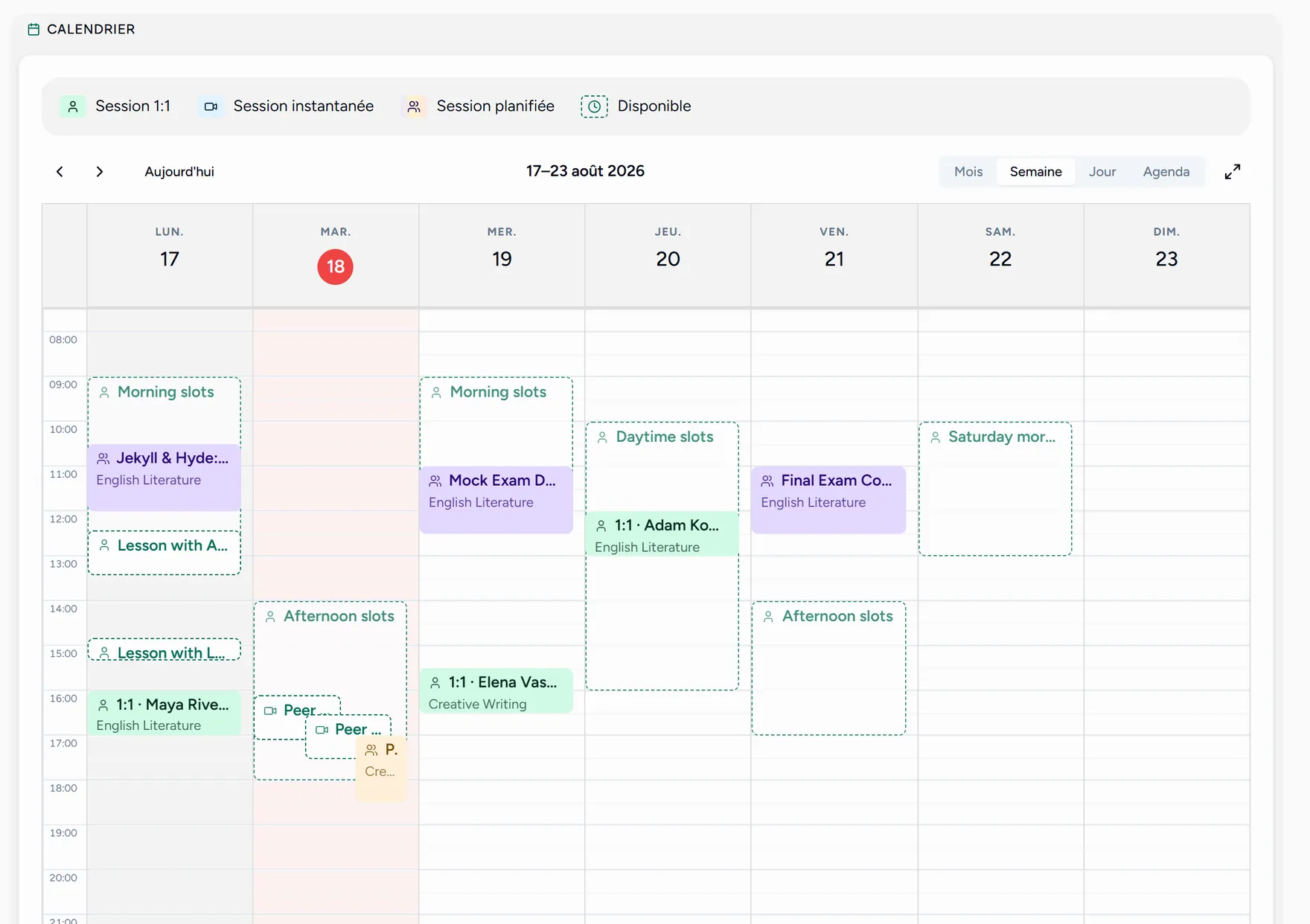 Le calendrier de l'enseignant en vue semaine