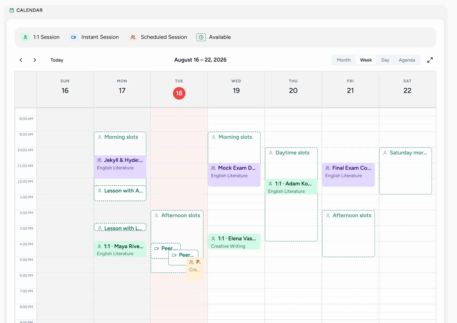A teacher's week, with lessons and open availability windows side by side
