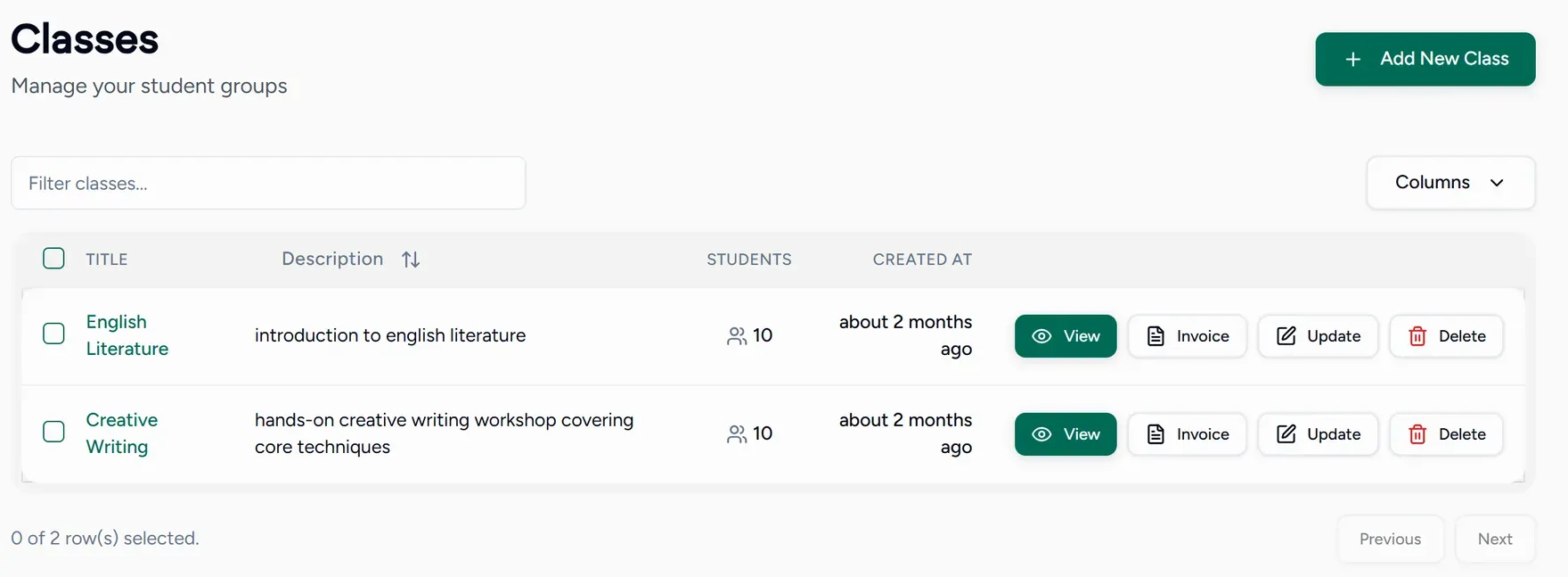 The Classes screen, listing each class with its student count