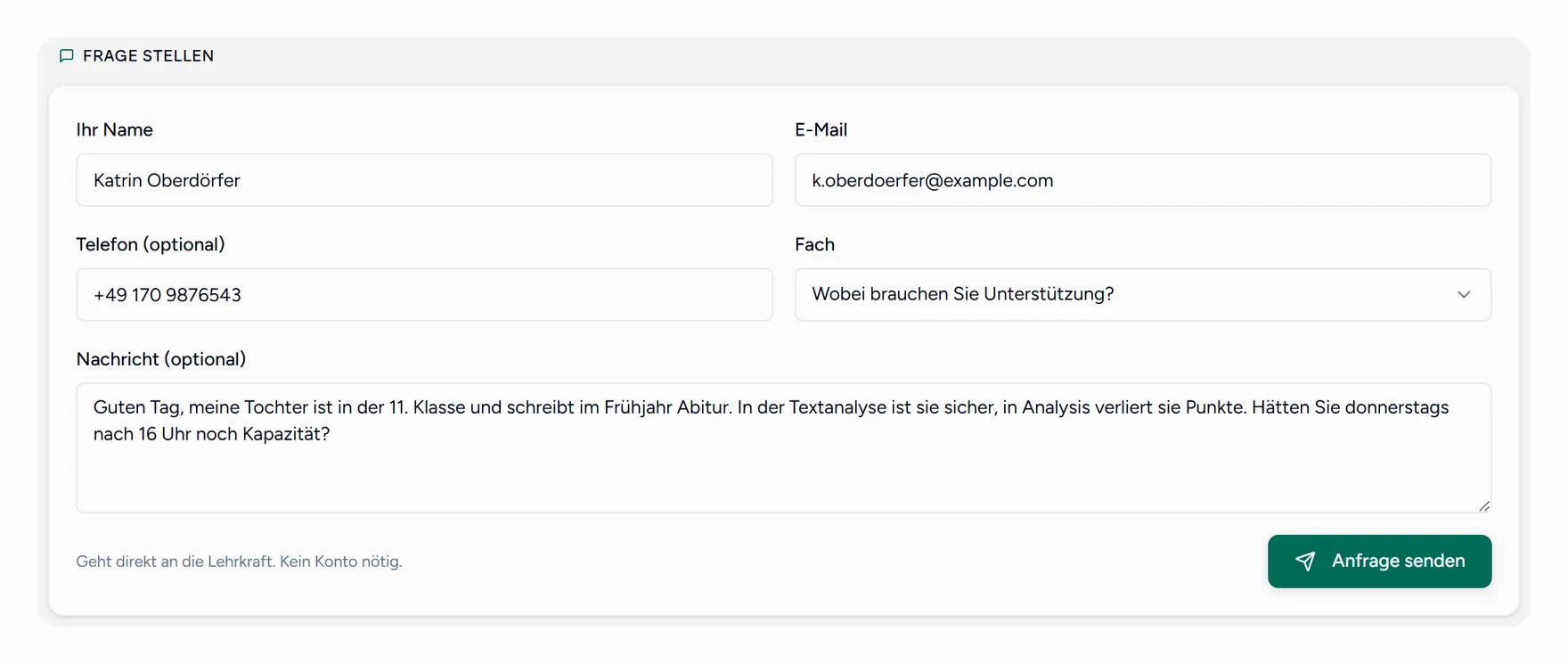 Das Anfrageformular auf der öffentlichen Seite einer Lehrkraft, von einem Elternteil ausgefüllt