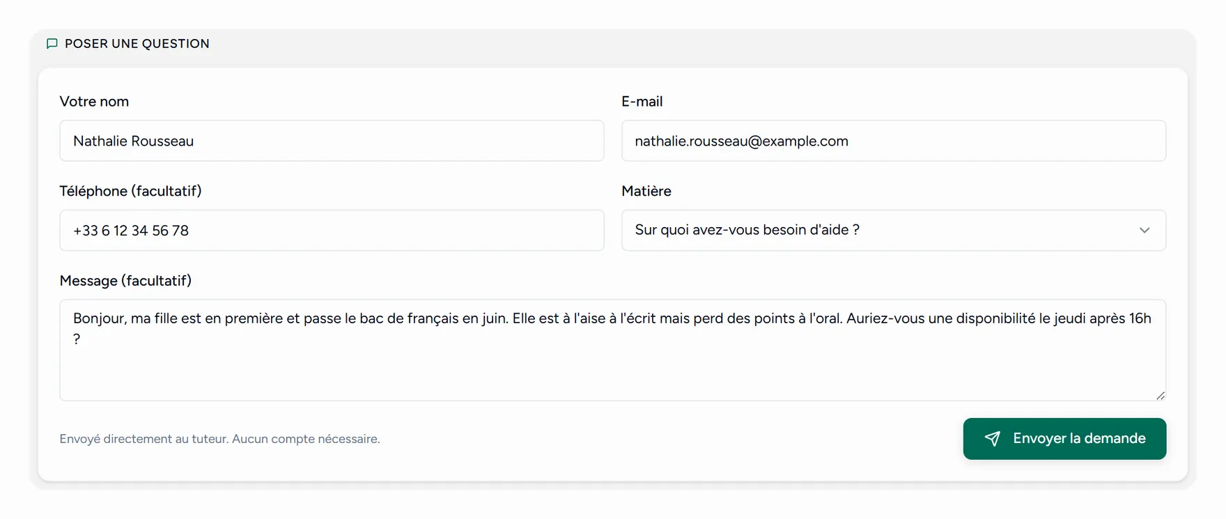Le formulaire de demande sur la page publique d'un enseignant, rempli par un parent