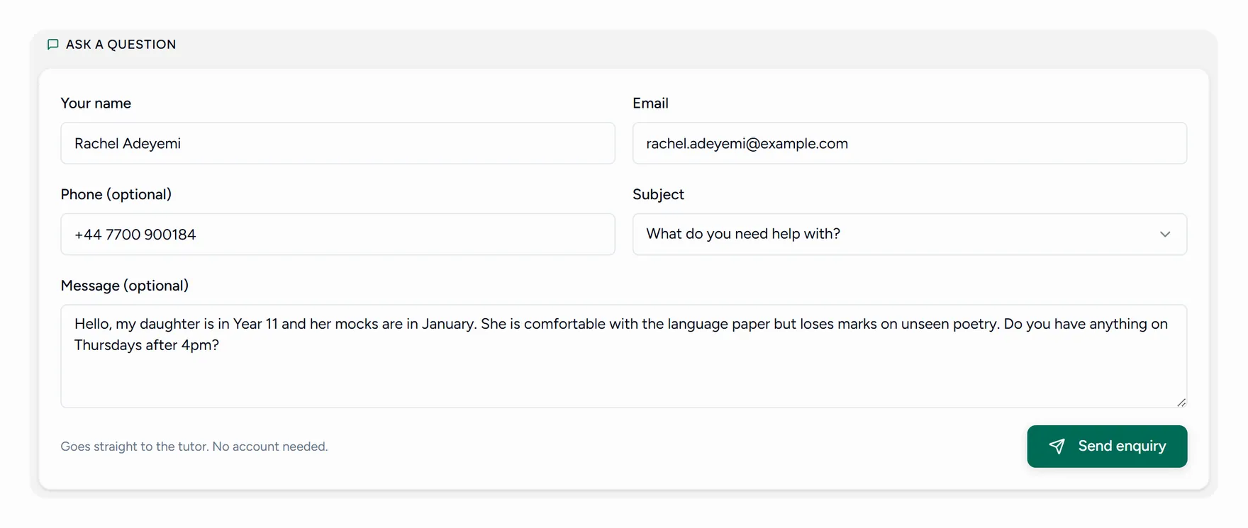 The enquiry form on a teacher's public page, filled in by a parent