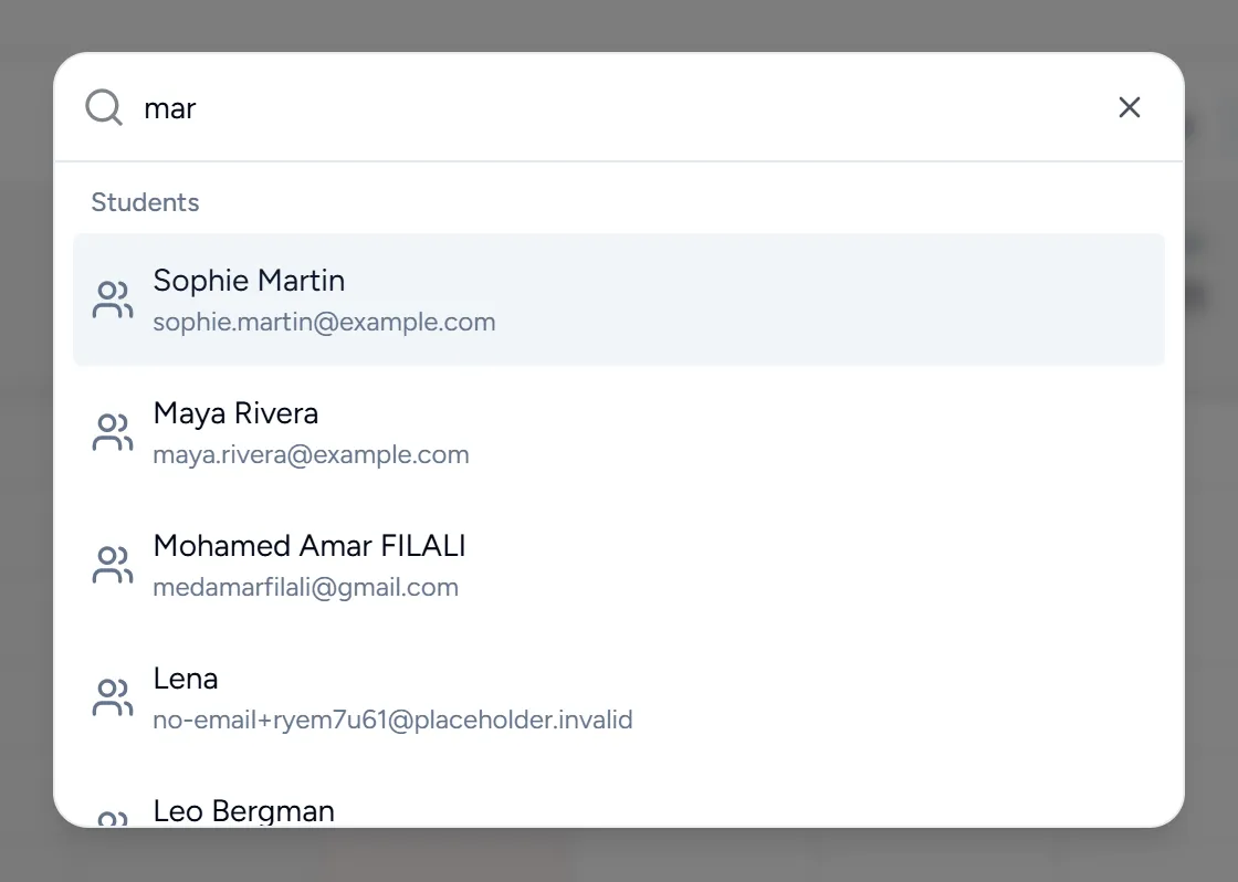 The search dialog, showing students, sessions and classes matching what was typed