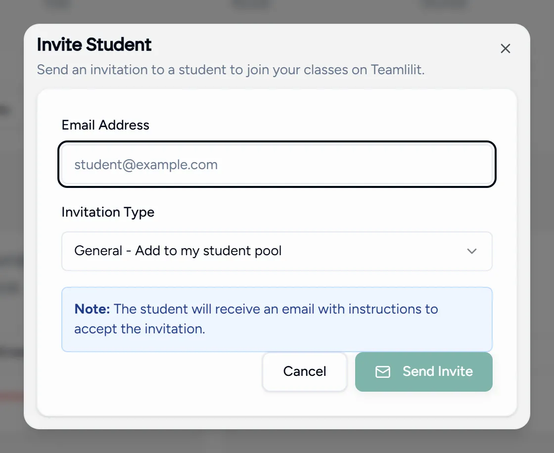 The invite student dialog