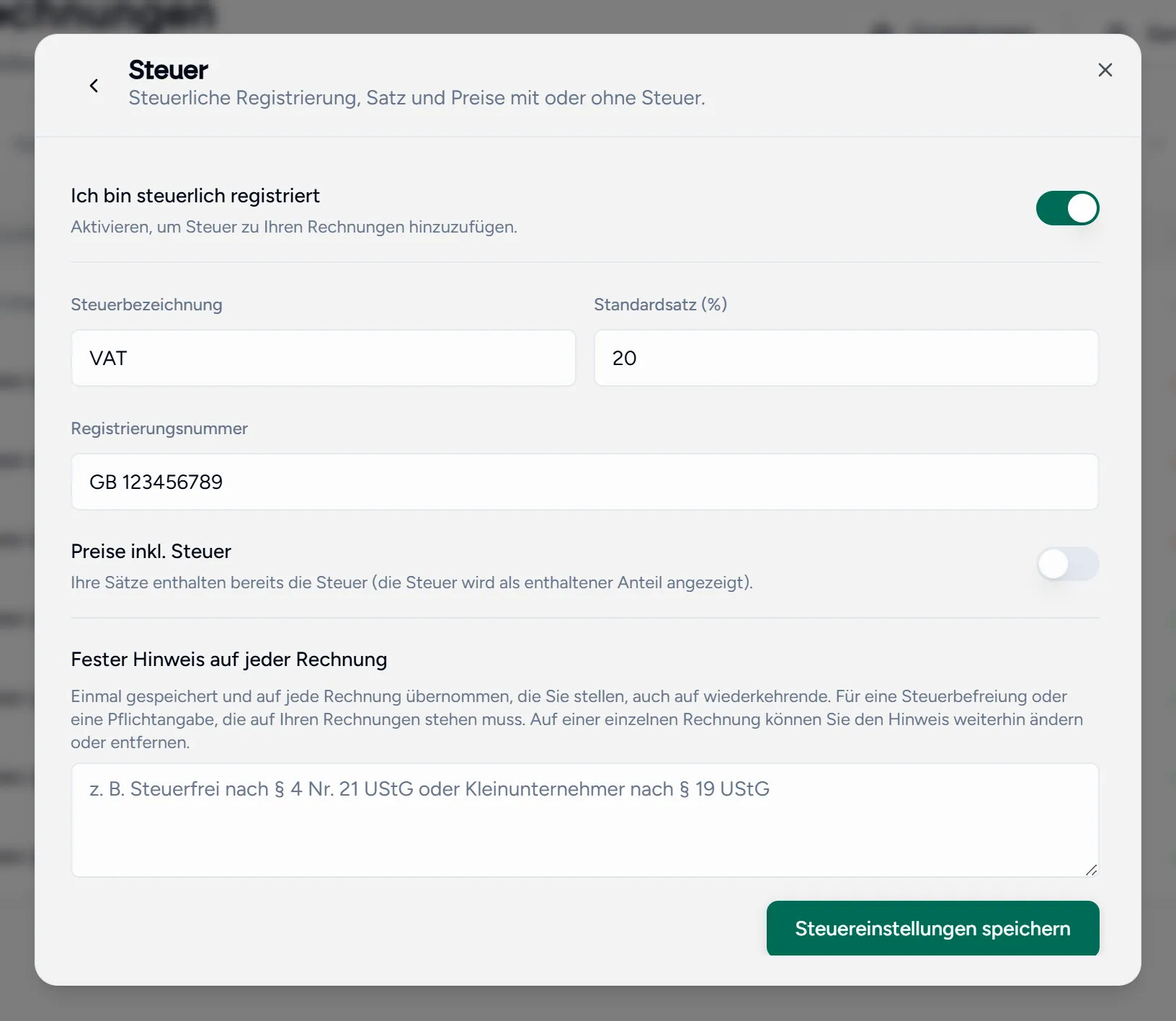Der Steuerbereich mit Steuerpflicht, Bezeichnung, Satz und Nummer