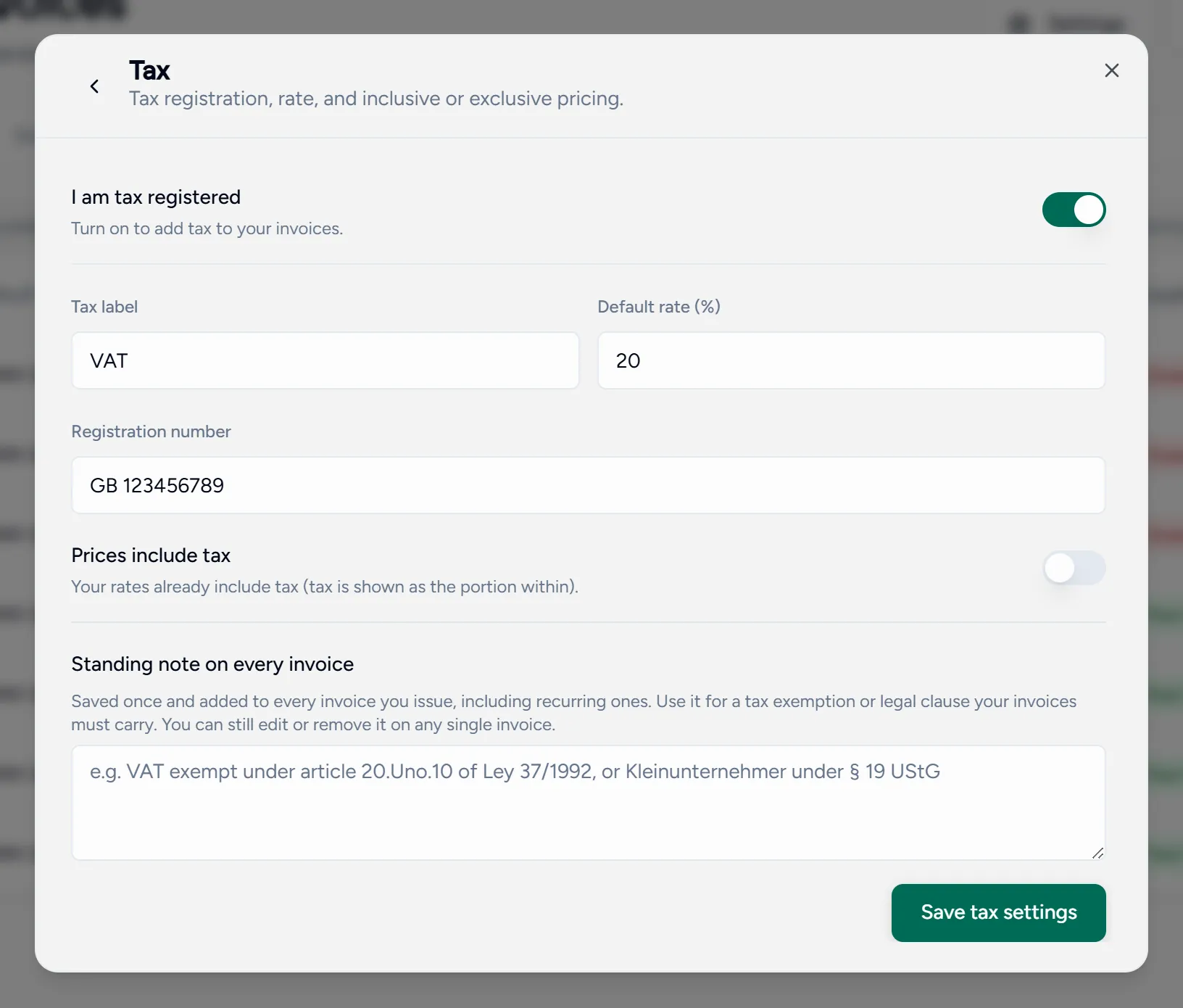 The tax settings panel, with tax registration, label, rate and number