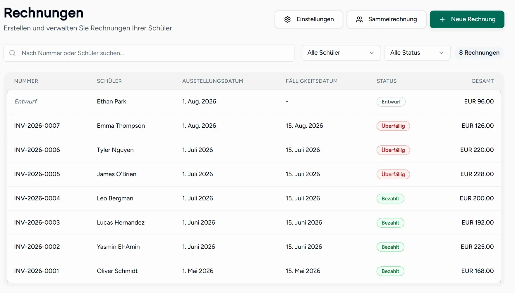 Die Rechnungsübersicht mit Nummer, Schüler, Daten, Status und Summe