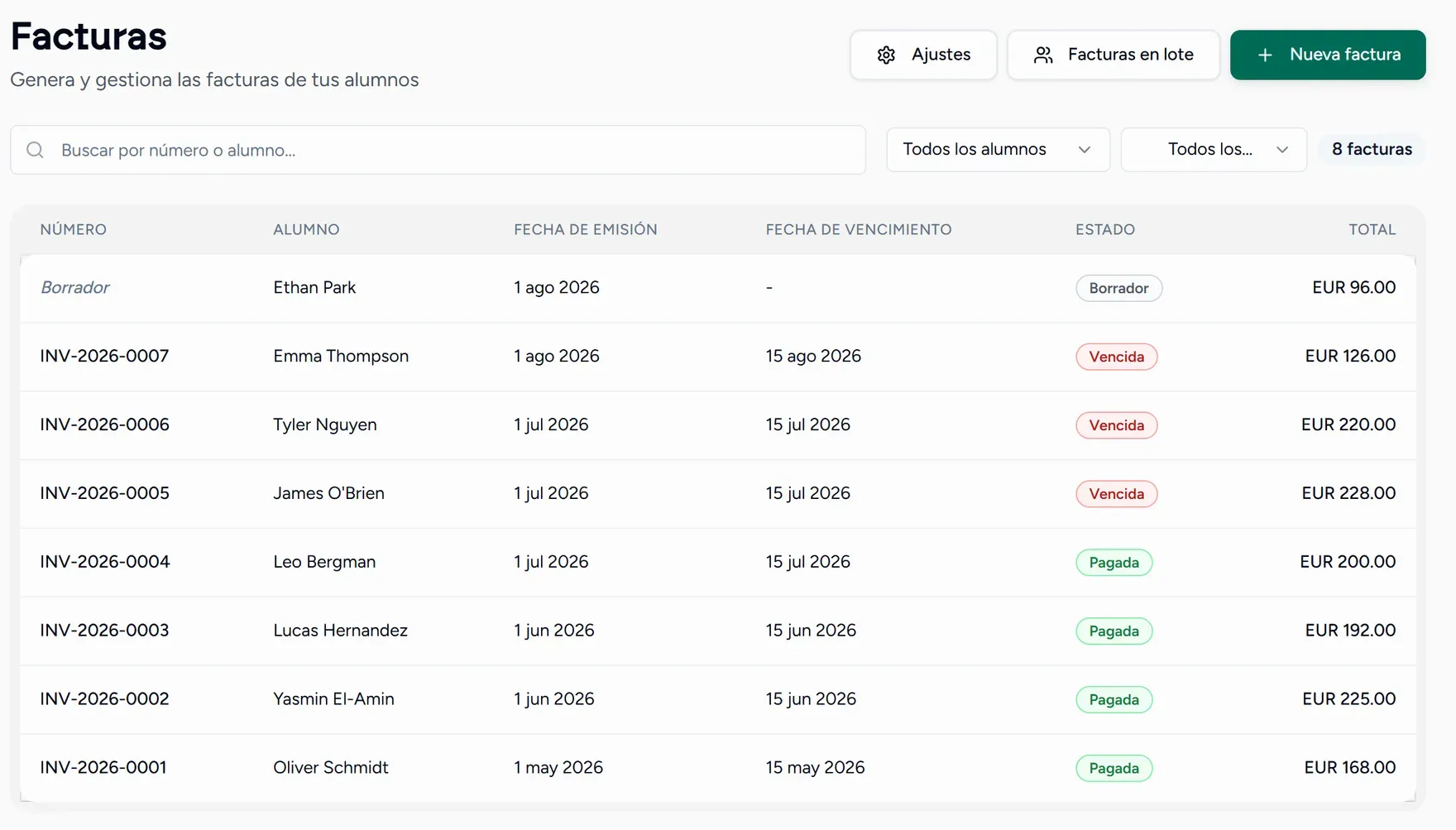 La pantalla de facturas, con número, alumno, fechas, estado y total