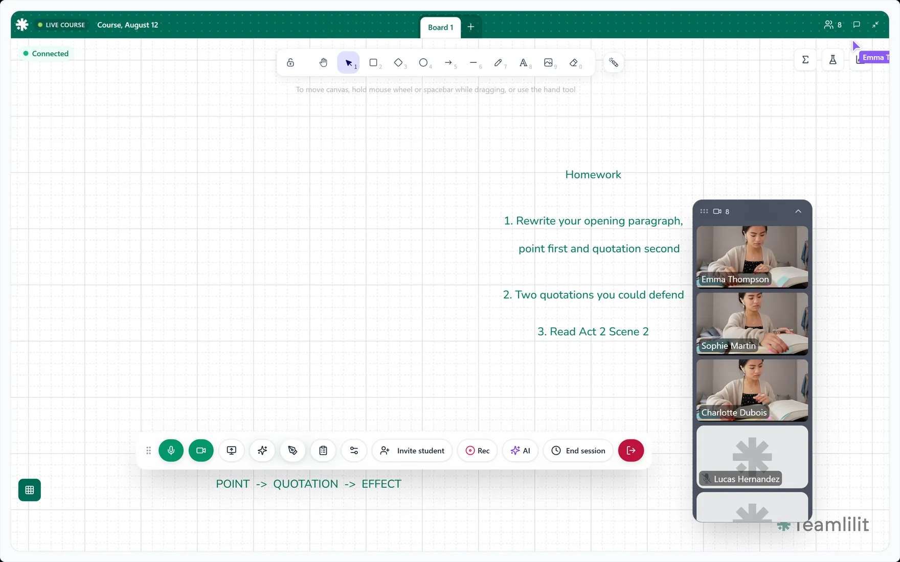 The Teamlilit live classroom during a lesson, with the shared board and video tiles
