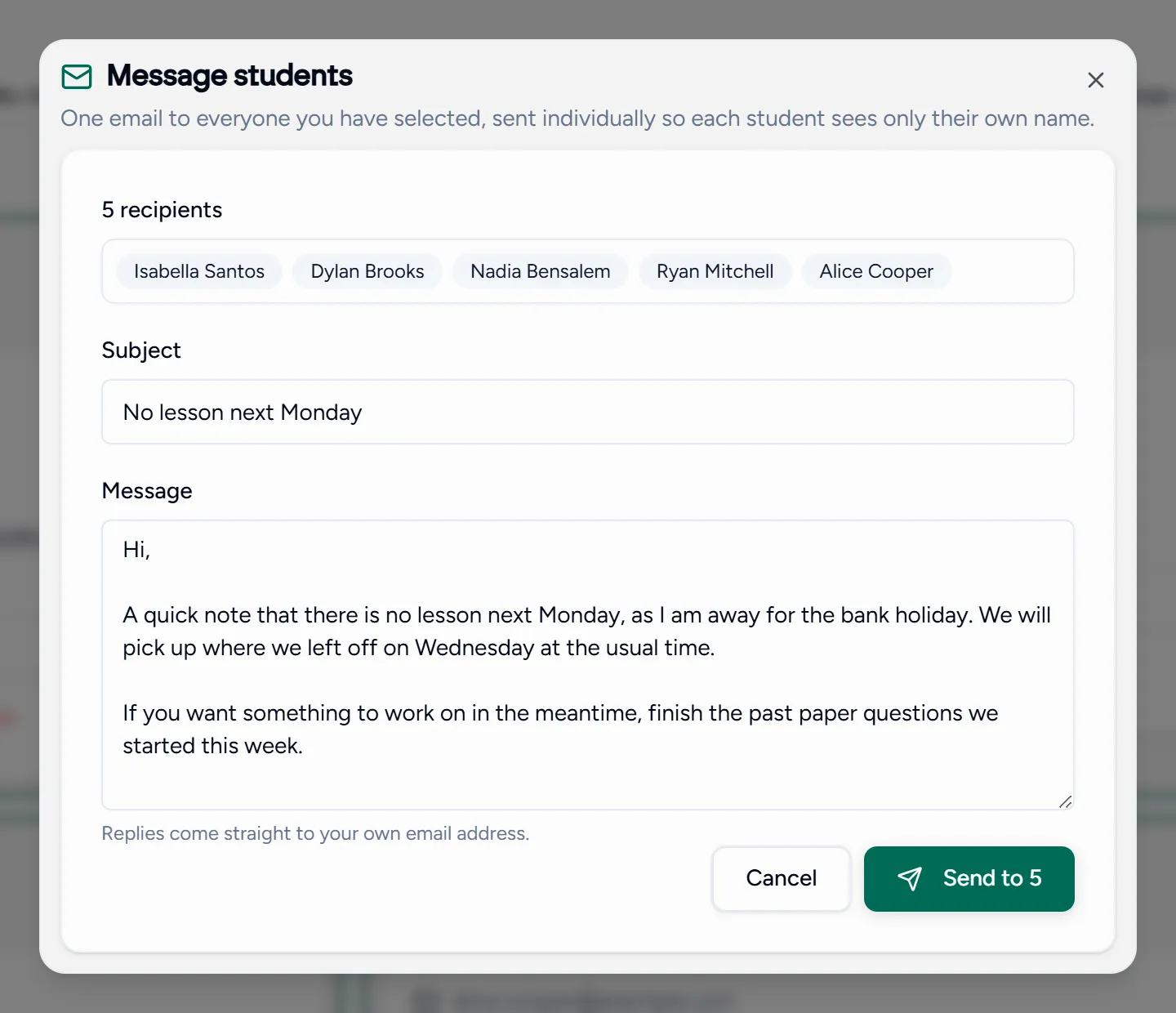The message dialog, addressed to several selected students