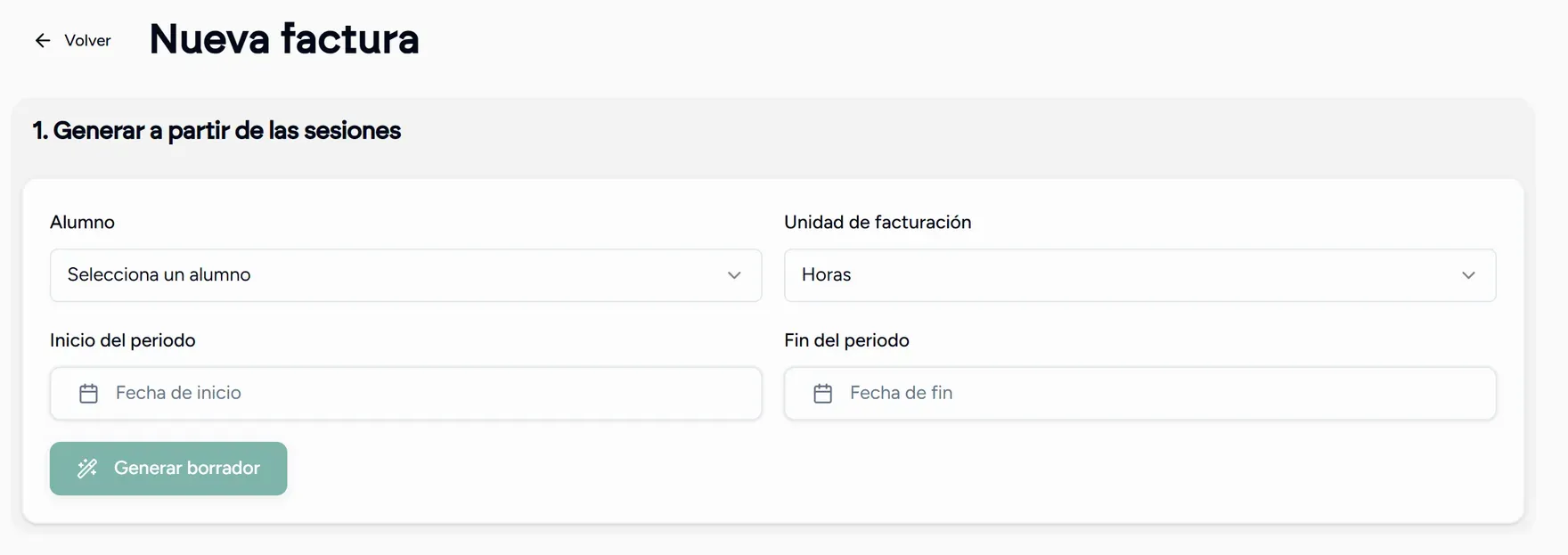 La pantalla de nueva factura, en el paso de elegir alumno y periodo