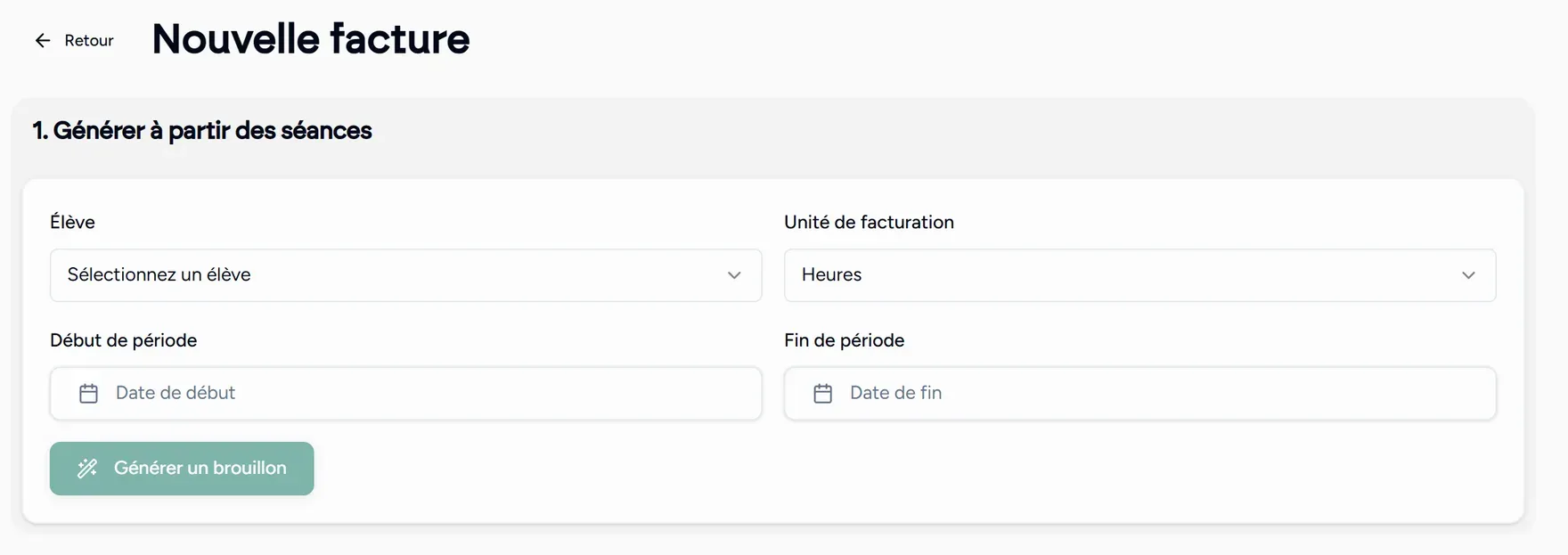 L'écran de création d'une facture, à l'étape du choix de l'élève et de la période