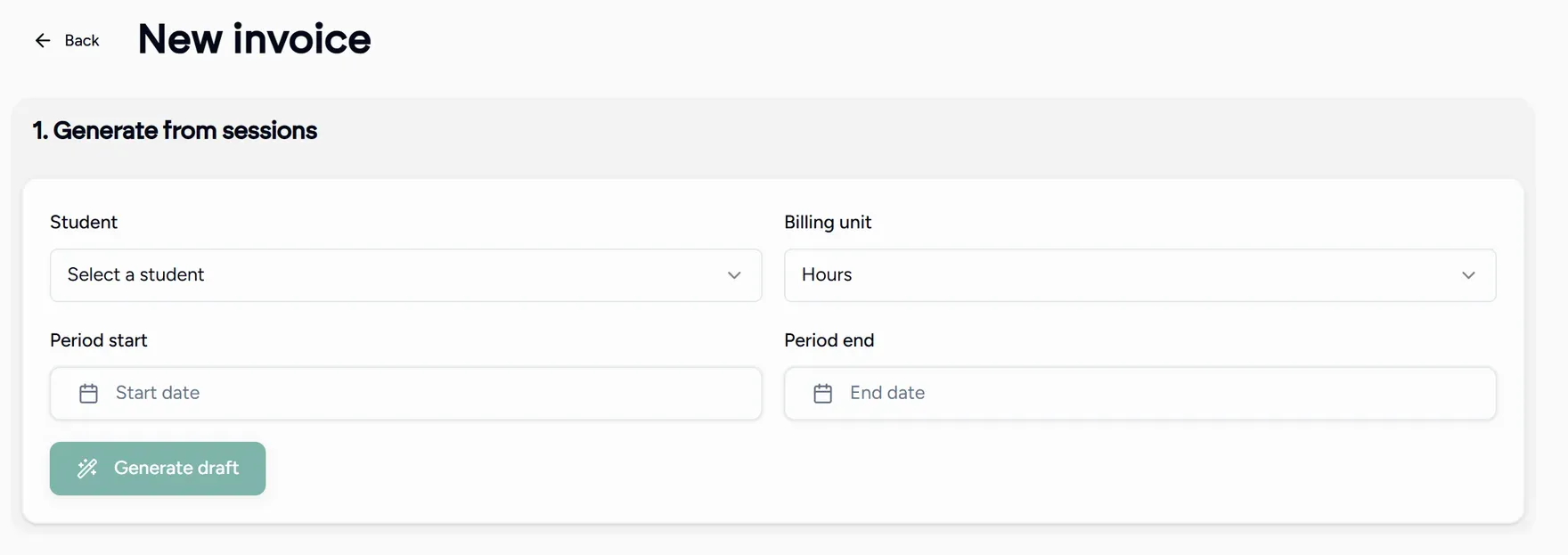 The new invoice screen, at the step where a student and a period are chosen