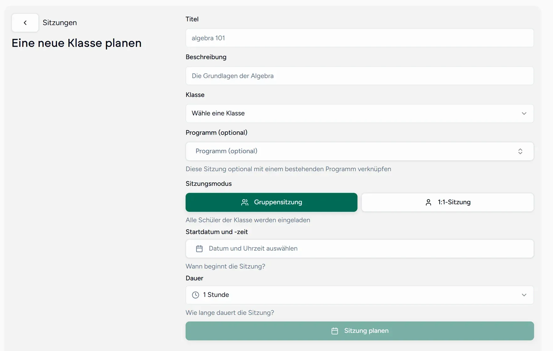 Das Formular für eine neue Sitzung