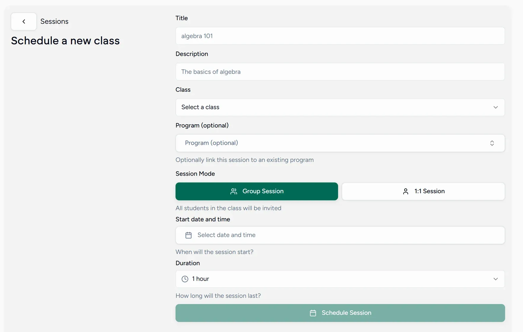 The Schedule a new class form, with title, description, class, session mode, start time and duration