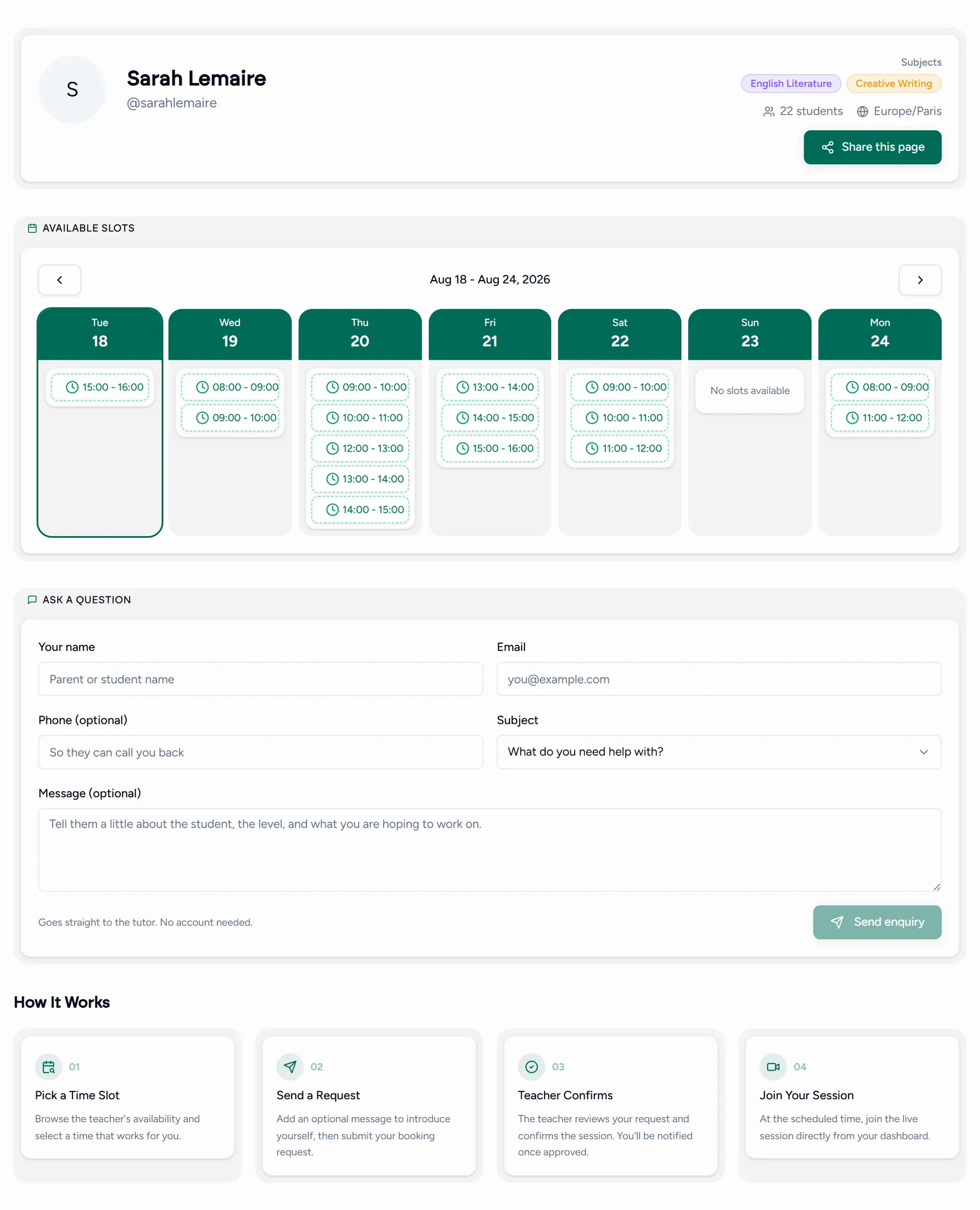 A teacher's public booking page with bookable slots