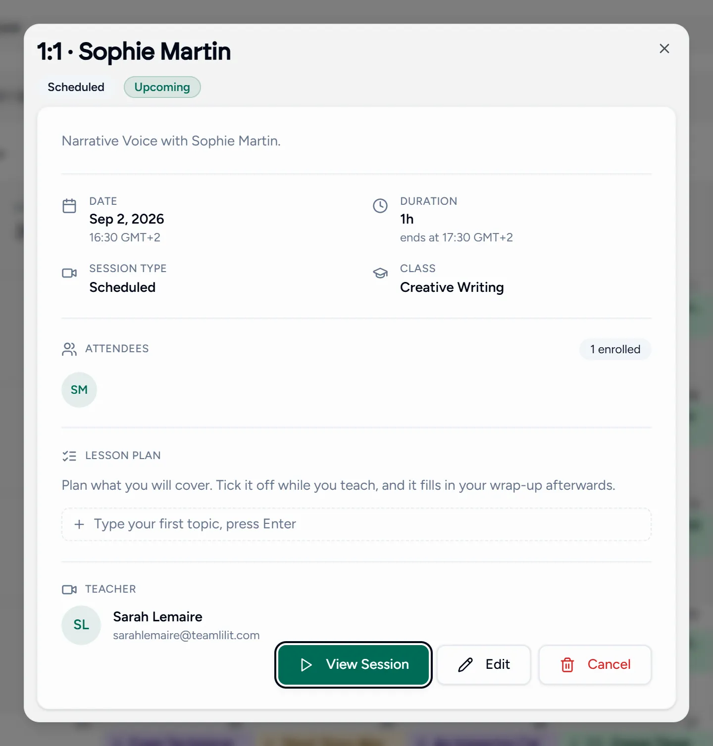 A session's detail dialog opened from the calendar