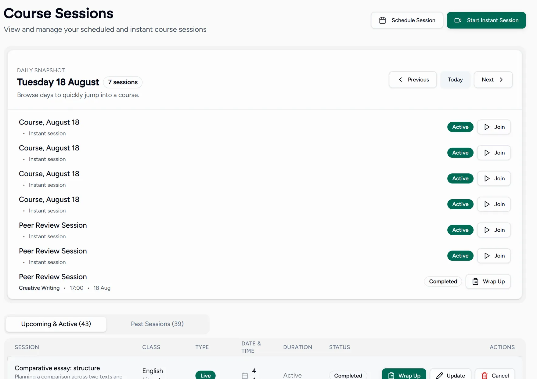 One session's page, with its details and the option to start it