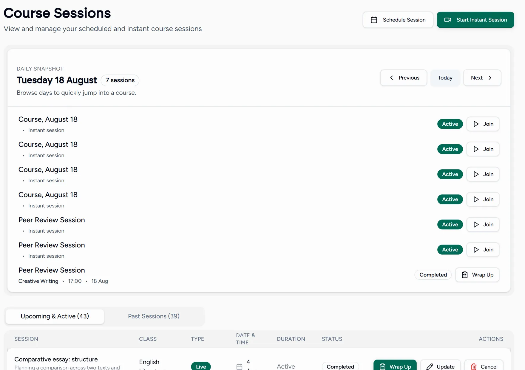 The Sessions list, with upcoming and past lessons
