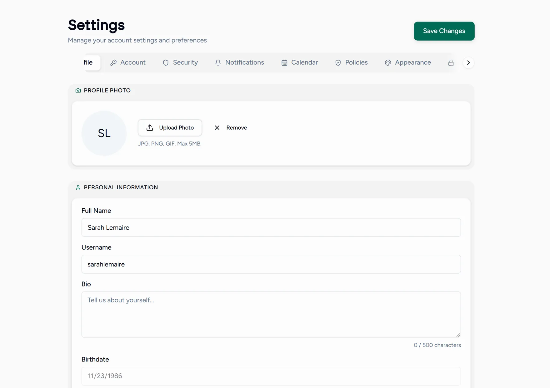 The settings screen, with its tabs across the top