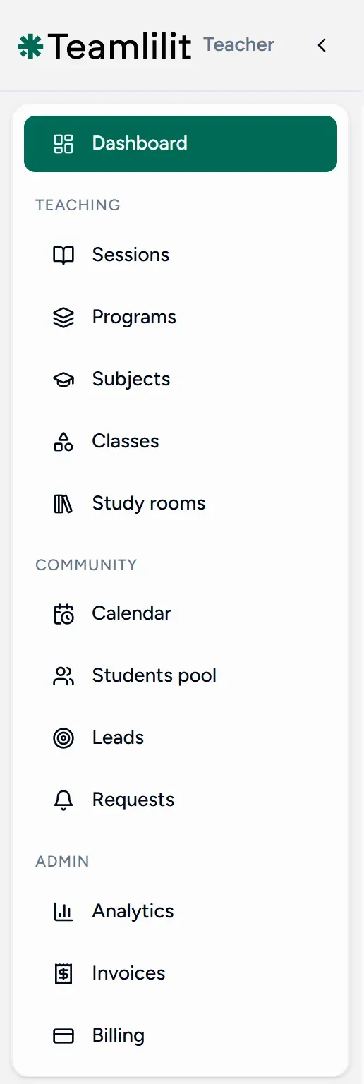 The teacher navigation rail, grouped into Teaching, Community and Admin