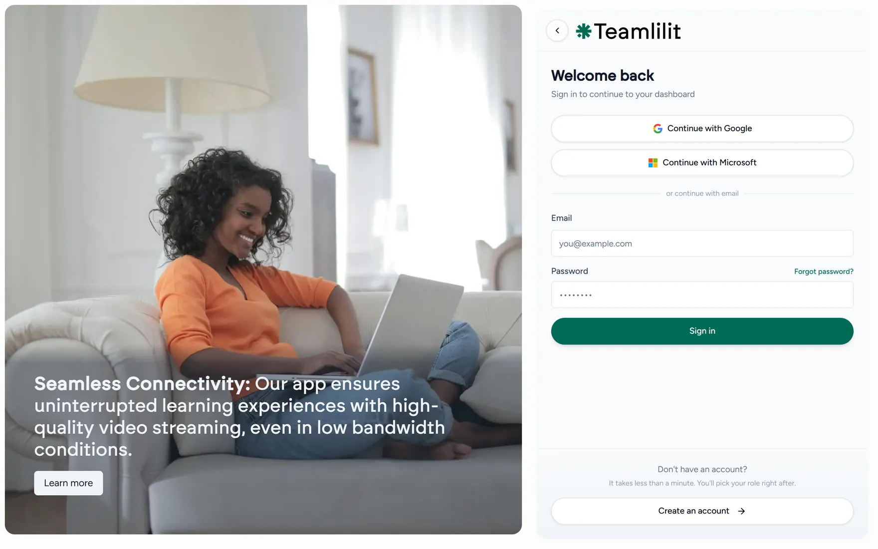 The Teamlilit sign-in page