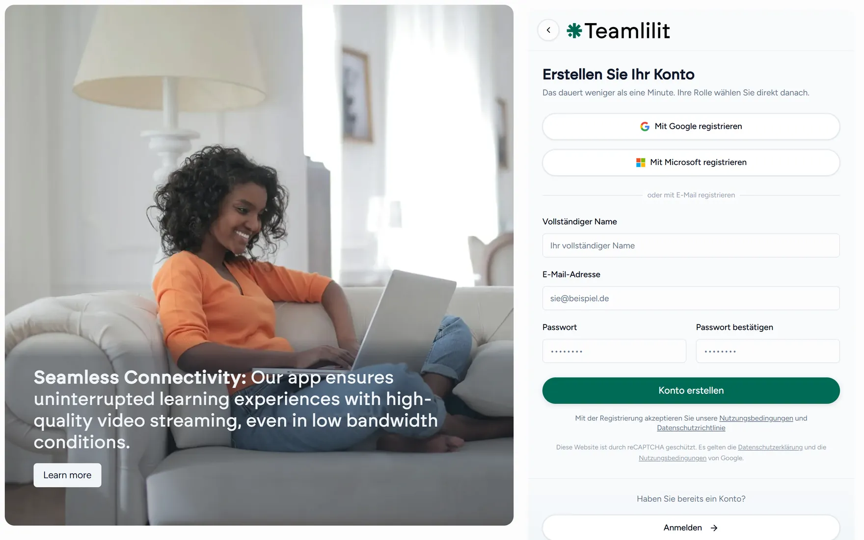 Die Registrierungsseite von Teamlilit