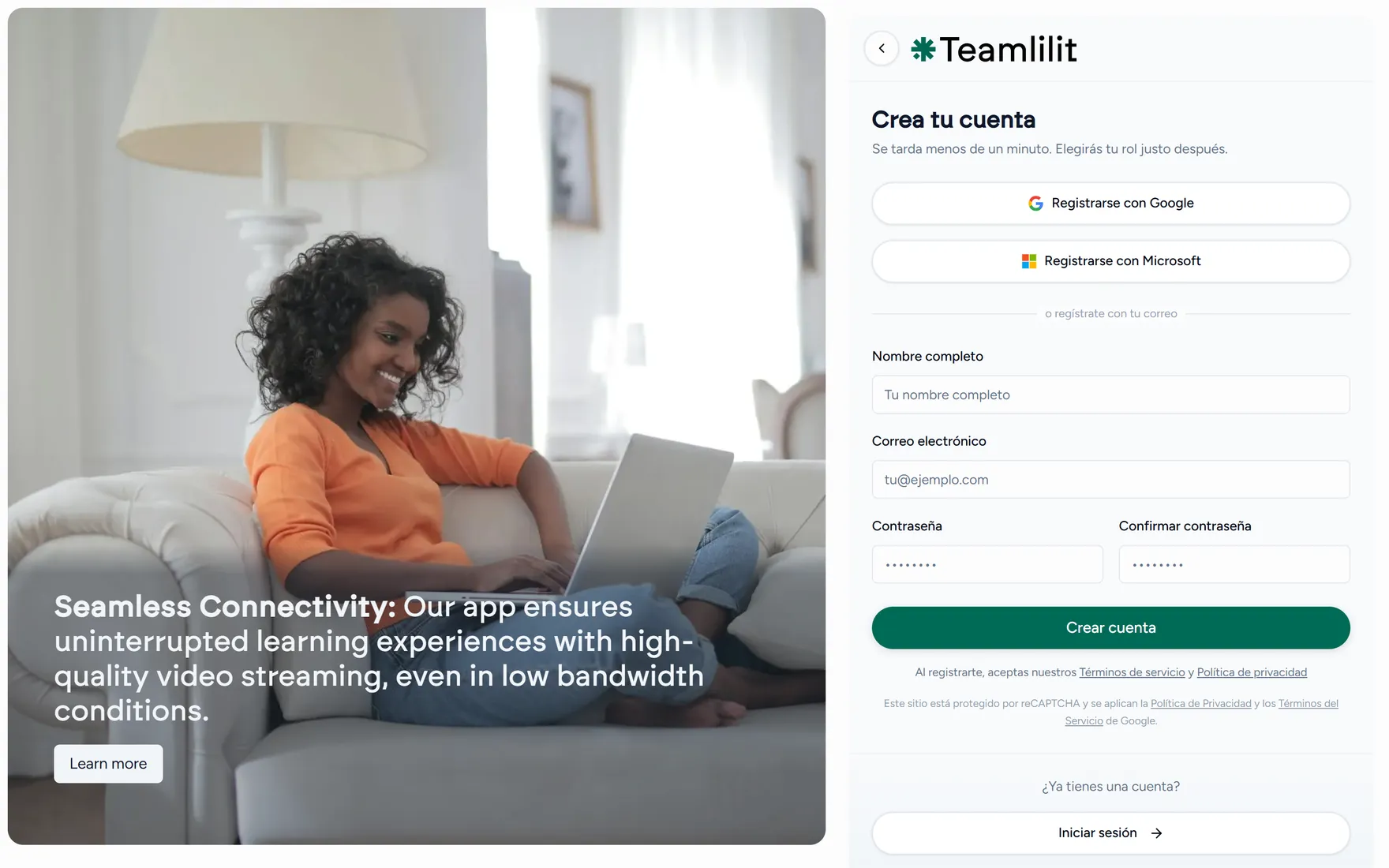 La página de registro de Teamlilit