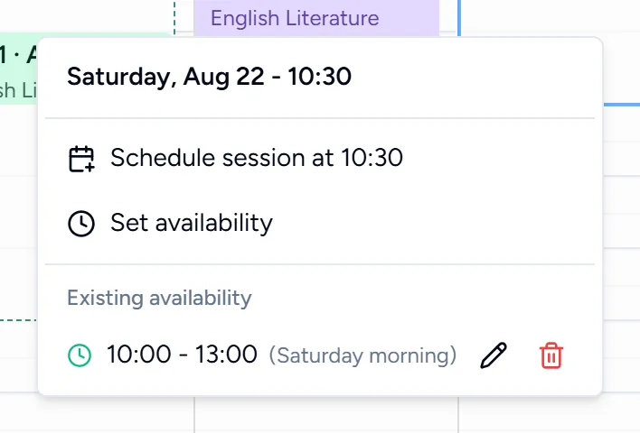 The menu that appears after dragging over empty time, offering to schedule a session or set availability