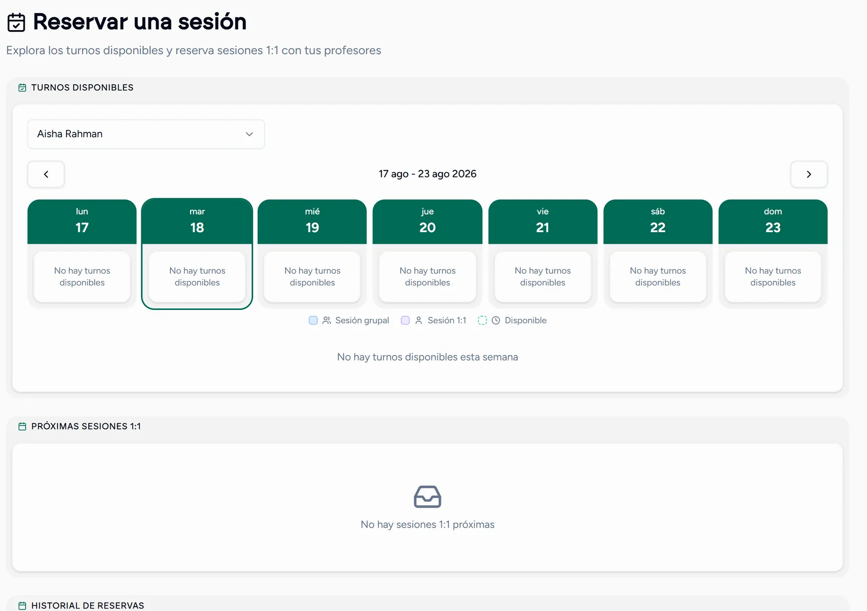 La pantalla de reservas del alumno