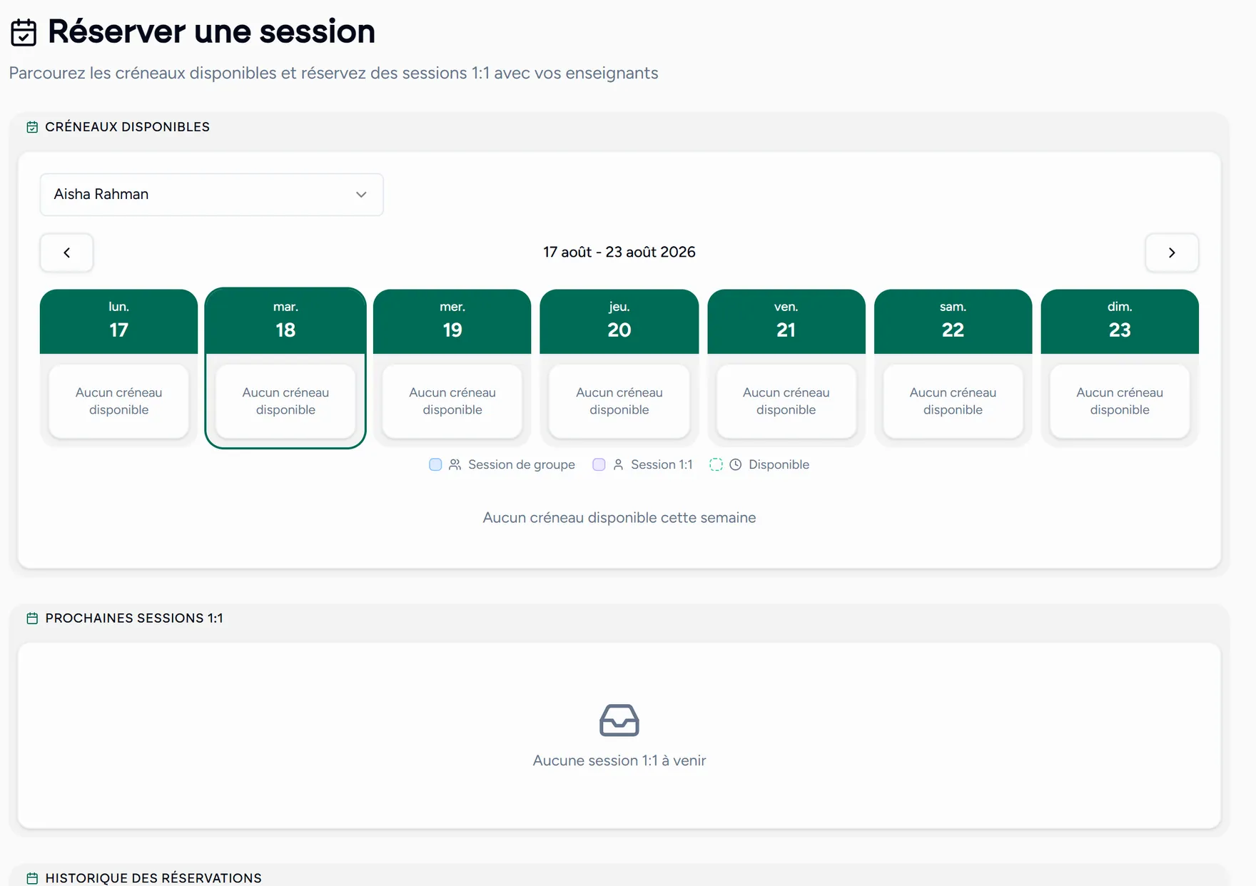 L'écran de réservation côté élève