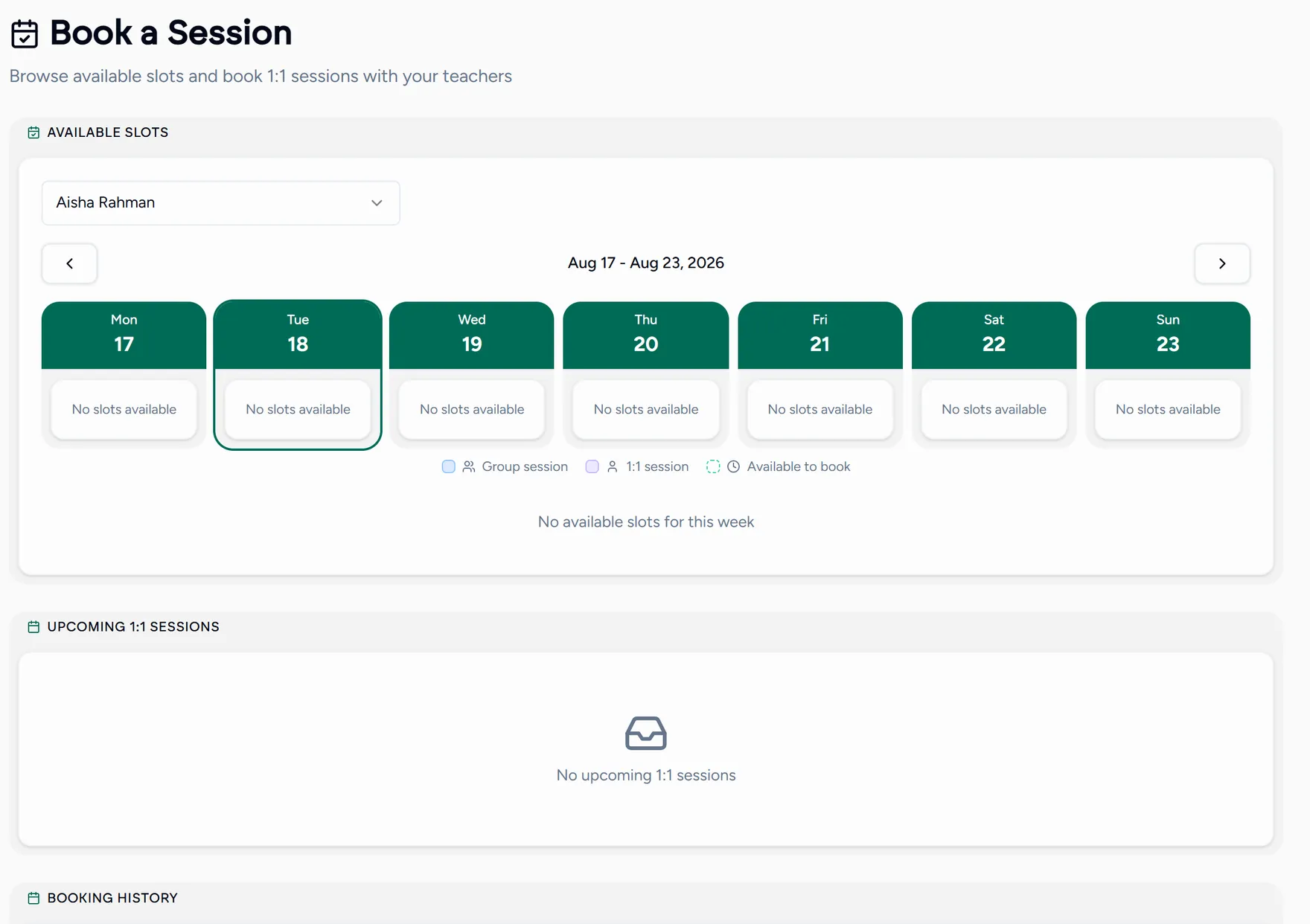 The booking screen, showing a teacher's available slots on a calendar