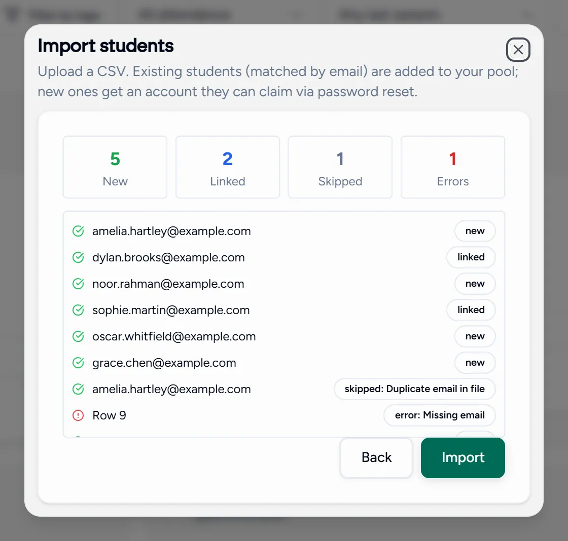 The CSV import at its preview step, showing new students, matches, duplicates and errors
