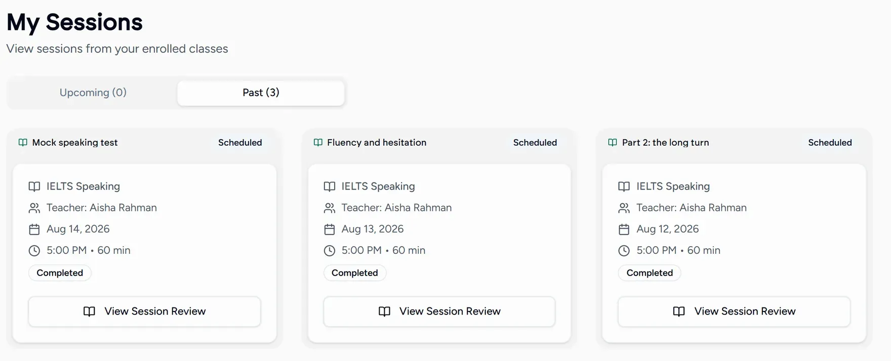 A student's list of sessions