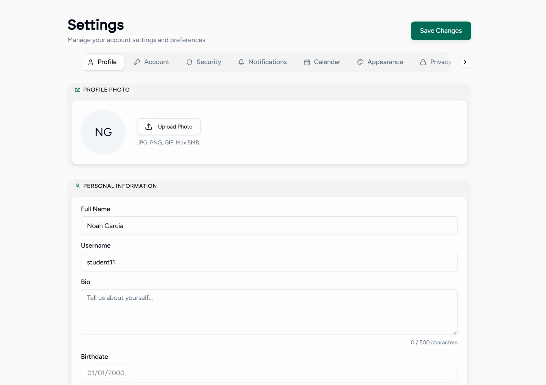 The settings screen as a student sees it
