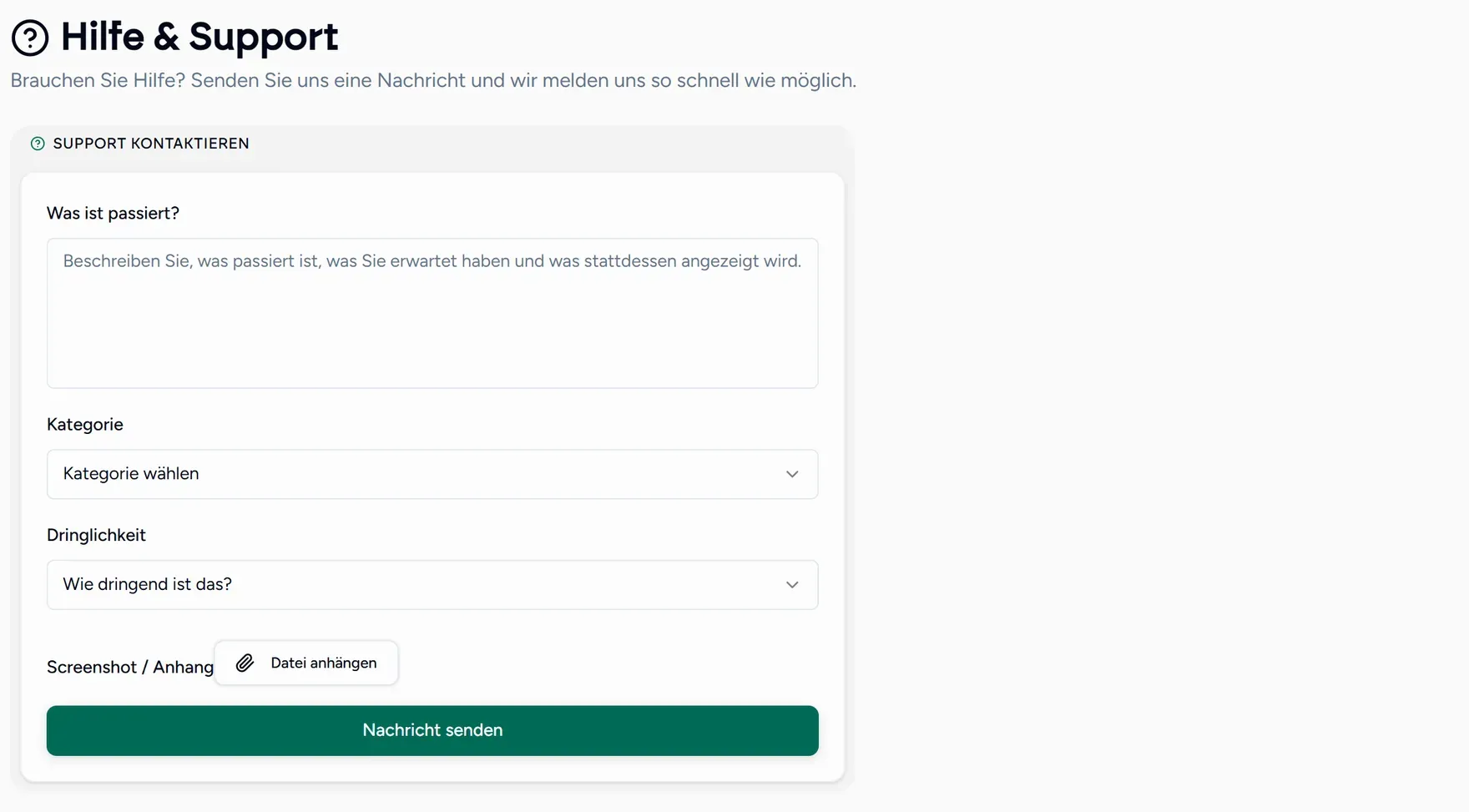 Das Support-Formular in der App
