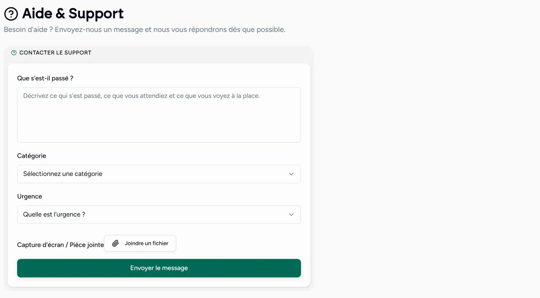 Le formulaire d'assistance dans l'application