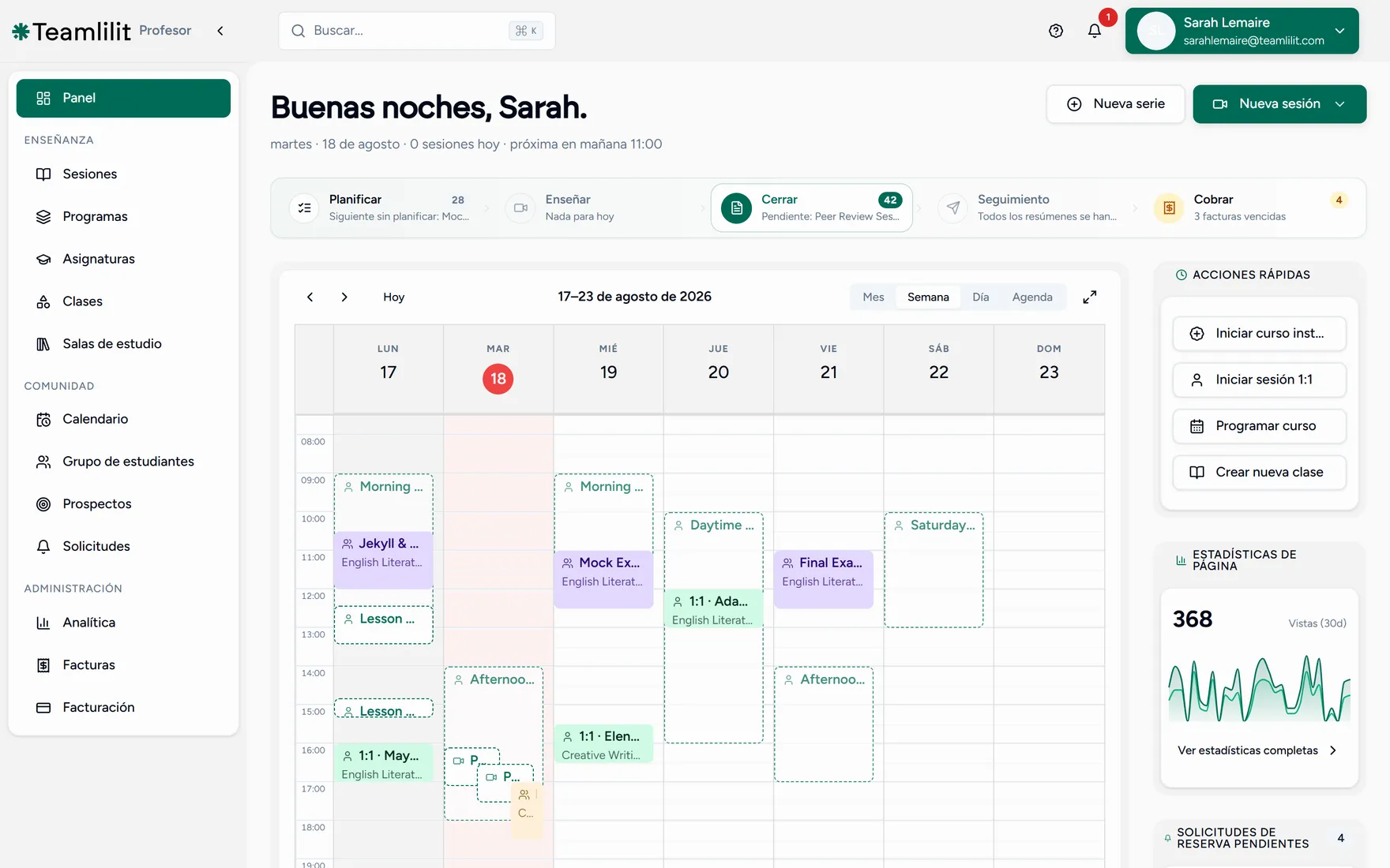 El panel de control del profesor en Teamlilit