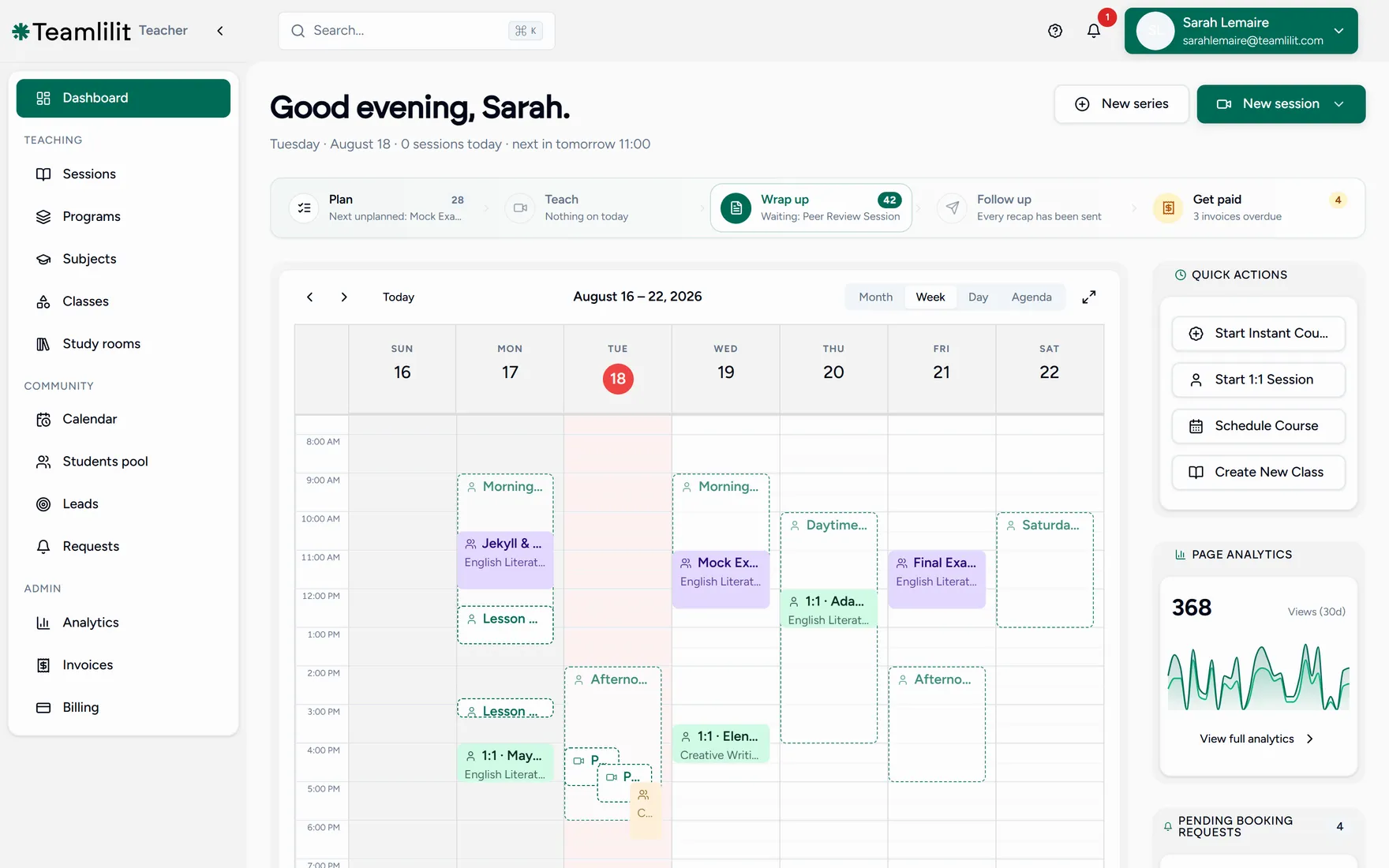 The Teamlilit teacher dashboard, showing the teaching loop, this week's calendar and quick actions