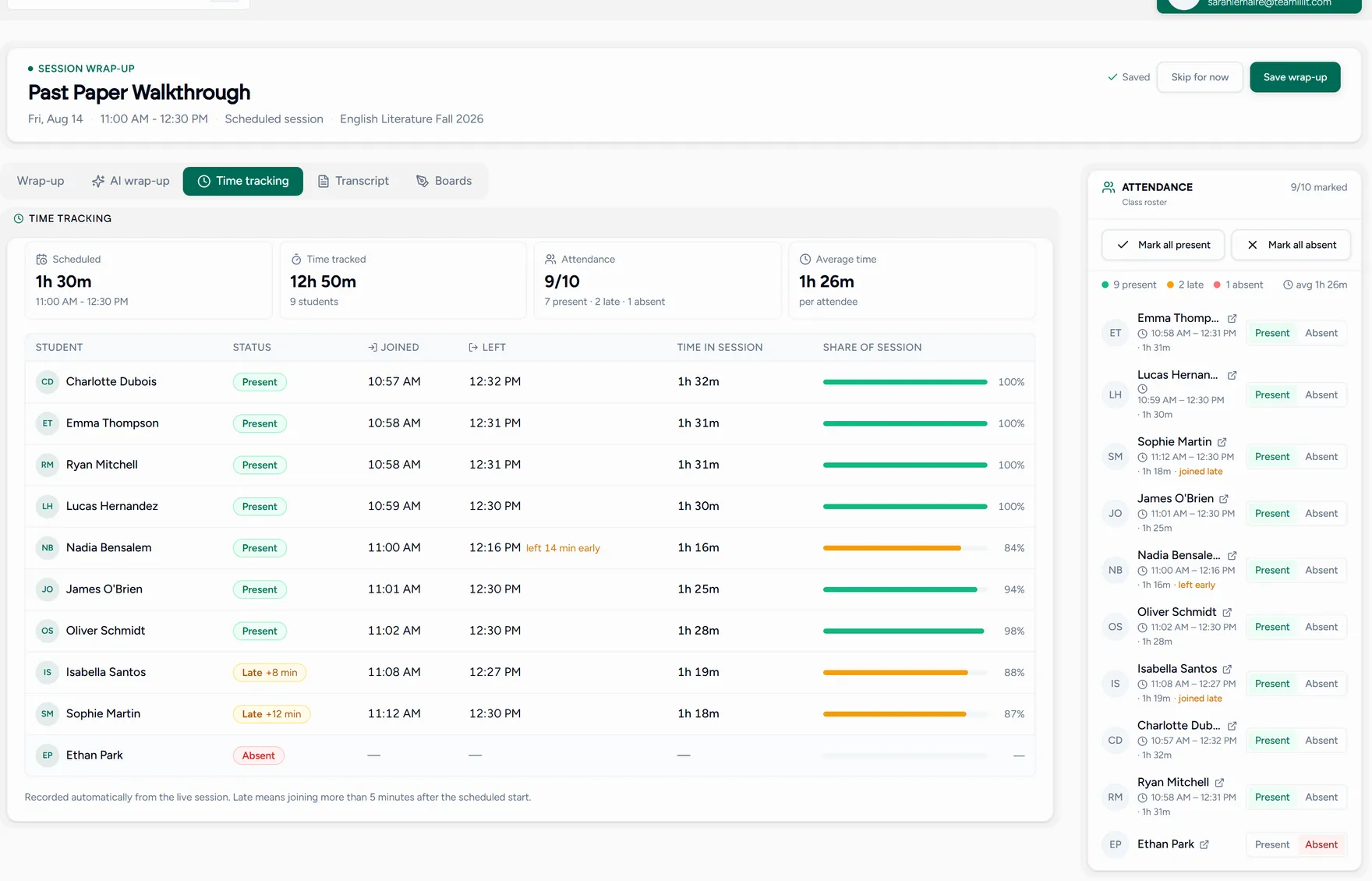 The time tracking tab, with per-student join and leave times and durations