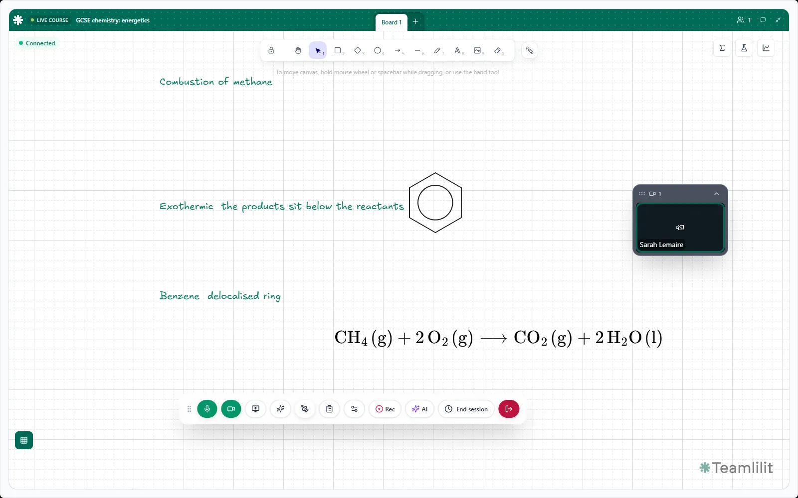 A combustion equation and a benzene ring drawn on the board