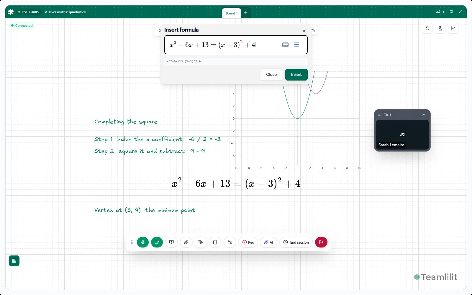 The formula editor open over the board, with a typeset quadratic on the canvas